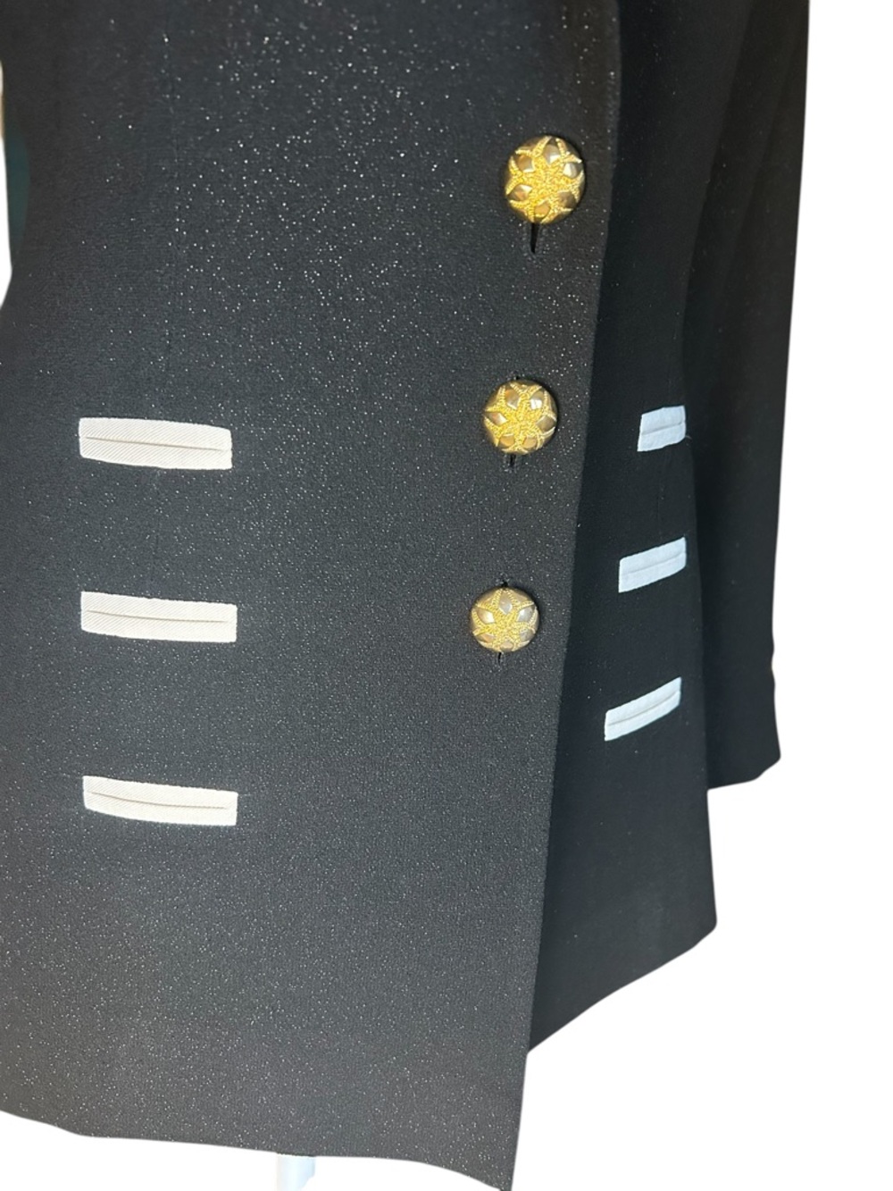 Structured Classic Black Blazer with White Trim and Gold Buttons - Small - Picture 5 of 14
